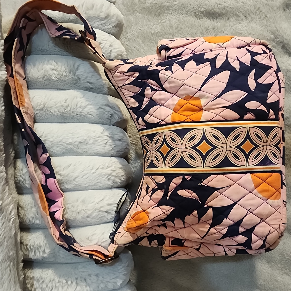 Vera Bradley Quilted Pink and Navy Floral Shoulder Bag with Orange Accents